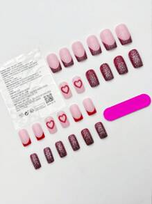 24 pièces/set d'ongles carrés courts pour la Saint-Valentin, brillants, doux, avec des paillettes d'amour, une manucure pressée. + 1 pièce de gel gelée + 1 pièce de lime à ongles. Décorez vos ongles et rehaussez votre design élégant et délicat. Réutilisable, convient pour la vie quotidienne et les fêtes des femmes. Cadeau idéal pour les femmes.