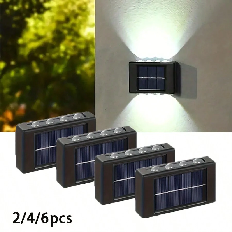 2/4/6 件 8LED 太阳能户外花园灯，IP44 双面太阳能栅栏灯，适用于家庭庭院、露台、车道 - 白光 - 查看 1