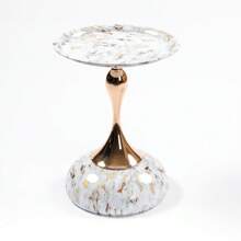 Mesa auxiliar redonda con diseño de cola de sirena, mesa de pedestal metálica moderna, mesa de acento minimalista para espacios pequeños, mesa decorativa para bebidas y martinis para la sala de estar - Grano de mármol blanco + metal + art déco - Ver 1