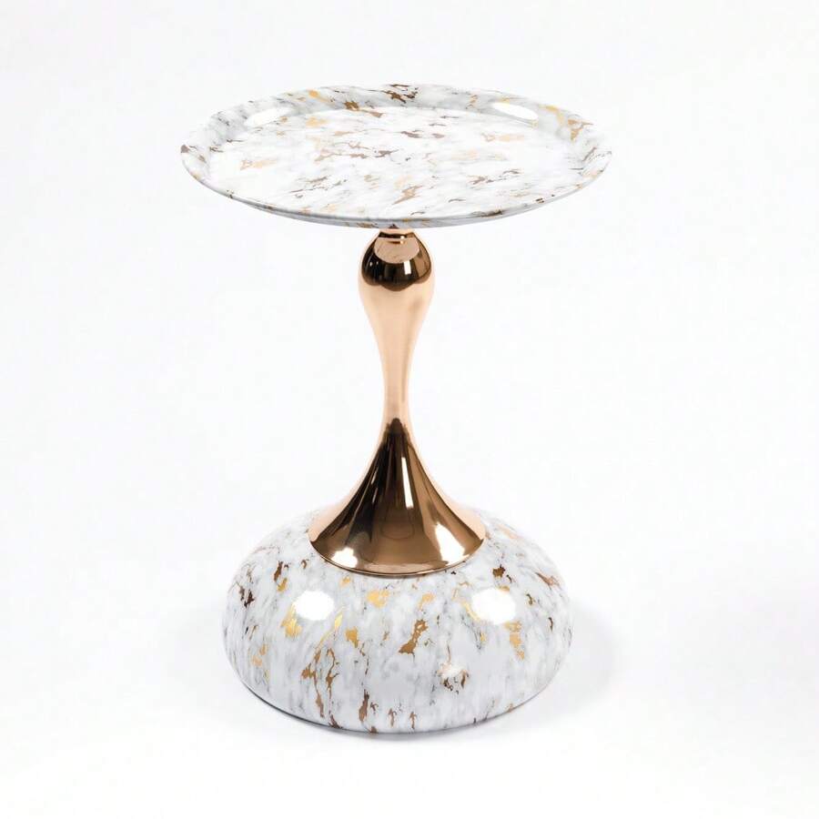 Mesa auxiliar redonda con diseño de cola de sirena, mesa de pedestal metálica moderna, mesa de acento minimalista para espacios pequeños, mesa decorativa para bebidas y martinis para la sala de estar - Grano de mármol blanco + metal + art déco - Ver 1