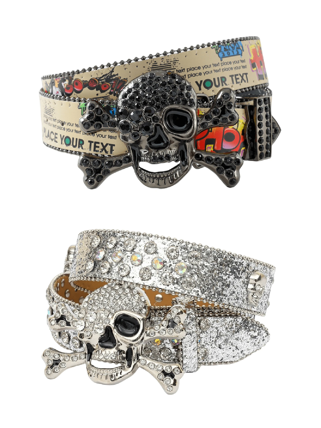 1 件男士朋克骷髅 Y2K 嘻哈水钻涂鸦 PU 皮带，时尚街头风格，音乐节/生日/毕业礼物配饰 - 彩色 - 查看 1