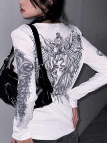 Women's Vintage Henley Tops Long Sleeve V Neck Wings Print Slim Fit T-Shirts Grunge Tops - 白色 - 查看 9