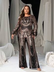 Faeriesty Plus Graphic Sequin Lantern Sleeves Party Jumpsuit - Gold - View 5