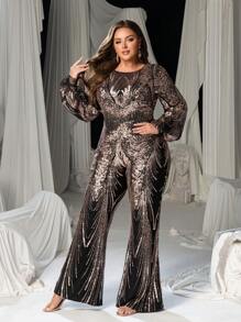 Faeriesty Plus Graphic Sequin Lantern Sleeves Party Jumpsuit - Gold - View 7