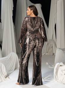 Faeriesty Plus Graphic Sequin Lantern Sleeves Party Jumpsuit - Gold - View 3