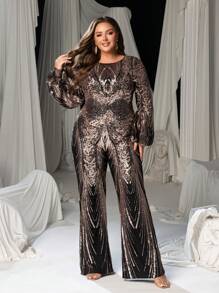 Faeriesty Plus Graphic Sequin Lantern Sleeves Party Jumpsuit - Gold - View 4