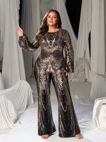 Faeriesty Plus Graphic Sequin Lantern Sleeves Party Jumpsuit - Gold - View 2