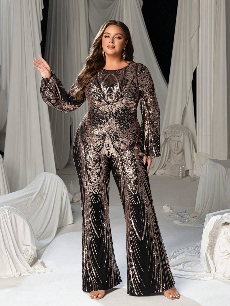 Faeriesty Plus Graphic Sequin Lantern Sleeves Party Jumpsuit