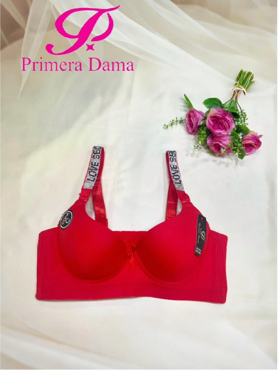 PRIMERA DAMA Solid Color Wide Band Back Bra, C Cup, With Rhinestone Straps, Comfortable For Daily Wear - Red - View 1