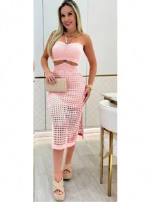 Evangelical Modal Knit Party Slit Strap Midi Dress - Baby Pink - View 2