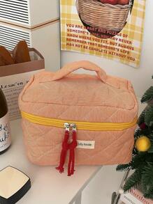 大容量纯色格子女士化妆包，带提手，便携式女士旅行化妆包，可装化妆品、护肤品、洗漱用品，可重复使用，波西米亚风格，适合度假、海滩、浴室、卧室等场合，空间宽敞