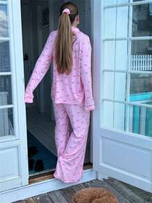 Conjunto de pijama para mujer, parte superior de manga larga con estampado de moño lindo y pantalones, ropa de dormir y de estar por casa