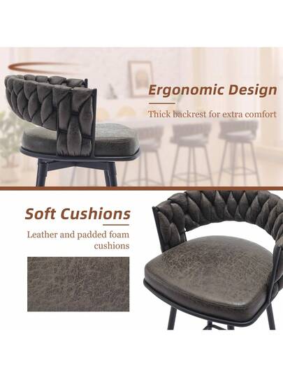 Bar Stool Set Of Kitchen Stools Woven Backrest Footrest, Swivel PU Synthetic Leather Seat Height 79 Cm, The Kitchen, Dining Room, Home view 3
