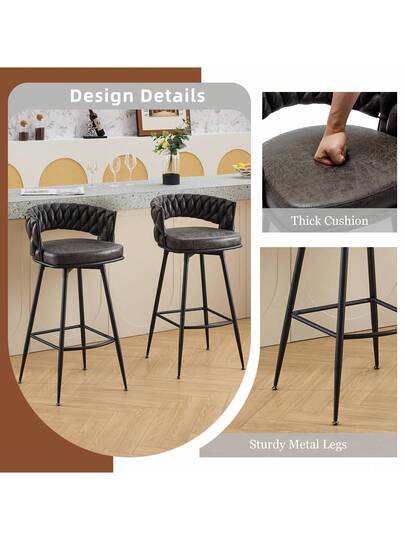 Bar Stool Set Of Kitchen Stools Woven Backrest Footrest, Swivel PU Synthetic Leather Seat Height 79 Cm, The Kitchen, Dining Room, Home view 4
