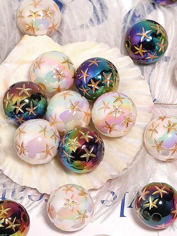 10/100pcs/Pack 16mm Style Random Acrylic Bronzing Stars Round Straight Hole Decorative Beads DIY Jelly Dispersed Beads Mobile Phone Chain Pen Jewelry Accessories Holiday Gifts