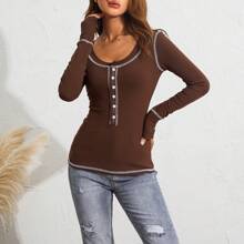 Long Sleeve Tops For Women Striped Button Up Tunic Shirts Loose Fit Sexy Henley Tee Blouses - 咖啡棕 - 查看 8