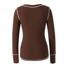 Long Sleeve Tops For Women Striped Button Up Tunic Shirts Loose Fit Sexy Henley Tee Blouses - 咖啡棕 - 查看 5