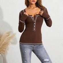 Long Sleeve Tops For Women Striped Button Up Tunic Shirts Loose Fit Sexy Henley Tee Blouses - 咖啡棕 - 查看 7