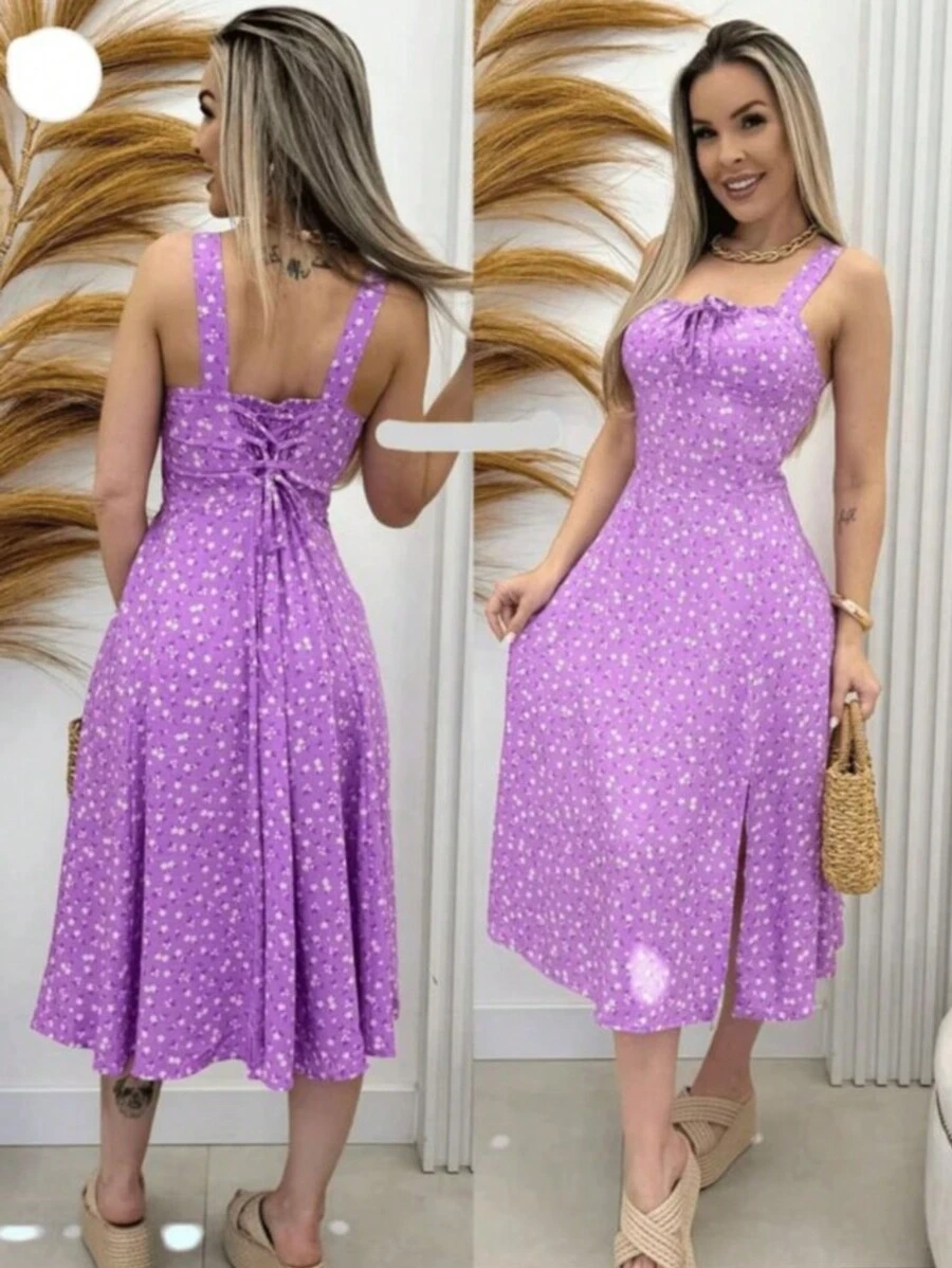 Floral Dress With Built-In Cups, Elasticated Back, Tie Details And Slit At The Hem. - 玫紅色 - 查看 1