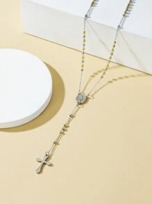 1pc Fashionable Stainless Steel Bead Decor Cross Pendant Necklace For Women For Daily Decoration