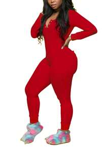 Womens Deep V Neck One Piece Pajamas Pants Long Sleeve Bodycon Butt Flap Jumpsuits Rompers Overall Home Wear Outfit - Red - View 1