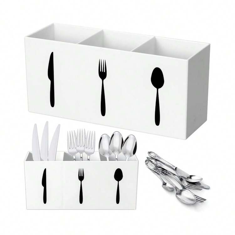 1 pieza Caja organizadora de almacenamiento de sobremesa para baño/cocina con 3 compartimentos para utensilios, cuchillos, tenedores, cucharas - Multicolor - Añade 6