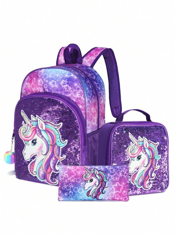 3 Stück Rucksack, paillettenbesetzter Rollrucksack, Lunchbox, Outdoor Tasche, Federmäppchen, das perfekte Geschenk für den Schulanfang