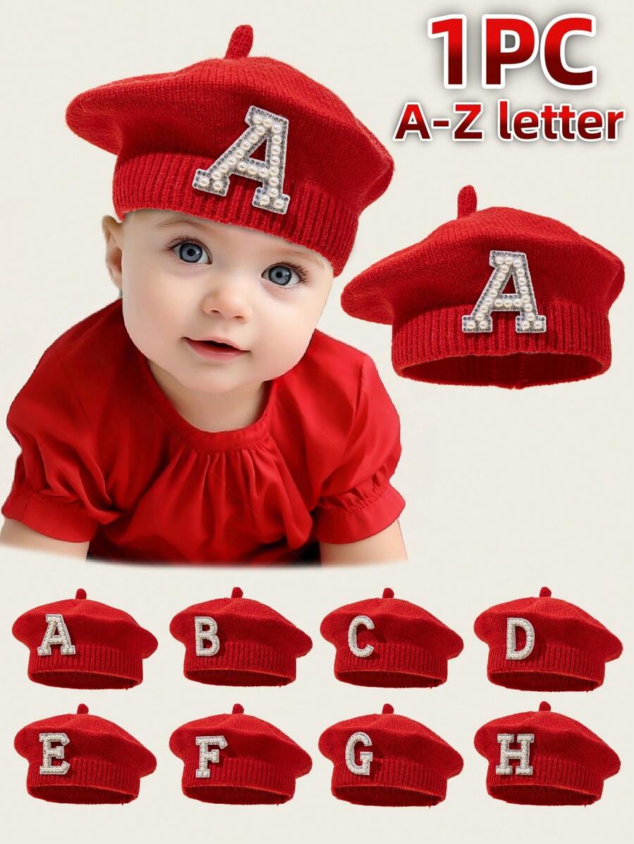 1 boina roja para bebé, gorro de punto con letra para bebé recién nacido, gorro de punto con letra, apto para bebés durante todo el año - 0-6M - Ver 1