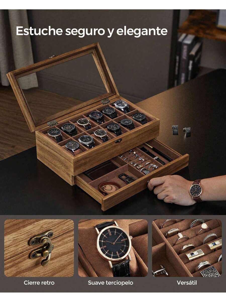 SONGMICS Uhrenboxen & Organizer, Schulanfang Schlafsaal Aufbewahrung, Regalo de Navidad - Nogal rústico - Ver 1