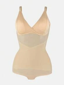 1pc Women Removable Padded Bust Shaping Mesh Patchwork Breathable Fabric Criss-Cross Tummy Control Bodysuit MOVWIN - Apricot - View 7