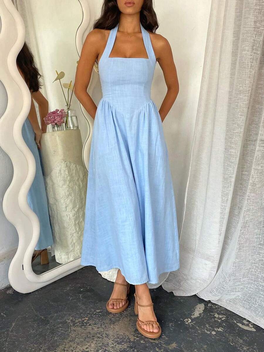Ladies' Spring And Summer Vacation, Dating, Music Festival, Mother's Day, Easter, Hanging Neck, Elegant Long Dress - Màu xanh lam - Xem 1