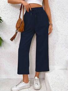 Pantalon casual taille-nouée droit ample 7/8 de couleur unie pour femmes