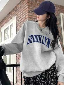 Casual College Sweet Style Round Neck Women Sweatshirt, Autumn/Winter - Grey - View 1