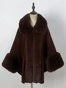 1 件大码女式蓬松领纯色斗篷开衫外套，舒适优雅