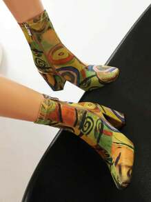 Womens Square Toe Ankle Booties Chunky Heel Boots Side Zipper Patent Leather Mid-Calf Boots - hoa màu xanh lá cây - Xem 5