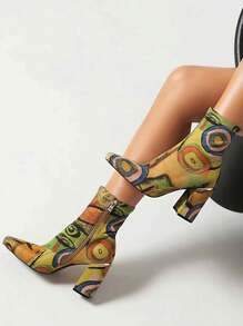 Womens Square Toe Ankle Booties Chunky Heel Boots Side Zipper Patent Leather Mid-Calf Boots - hoa màu xanh lá cây - Xem 7