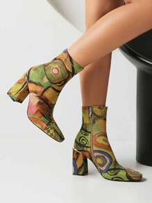 Womens Square Toe Ankle Booties Chunky Heel Boots Side Zipper Patent Leather Mid-Calf Boots - hoa màu xanh lá cây - Xem 4