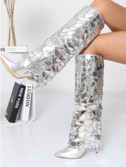  RevReaL Women's Knee-High Geometric Mirror-Effect Stiletto Boots – Available In Black, Gold, And Silver