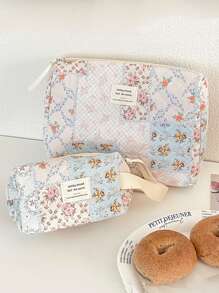 1 Pieza/Set Organizador de cosméticos multifuncional de gran capacidad con estampado floral y de cuadros, bolso de mano con cremallera para almacenar lápices labiales, brochas, productos de cuidado de la piel, artículos de viaje esenciales, bolsa de maquillaje, organizador de maquillaje, regalo para mujeres en vacaciones, invierno, San Valentín, vuelta al colegio