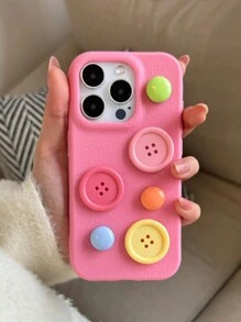 Ốp lưng điện thoại bằng da có họa tiết nút bấm 3D, bảo vệ toàn diện tương thích với iPhone 16, 15, 14, 13, 12, 11 - Màu Hồng Tươi - Xem 2