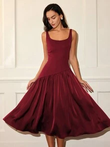 女士纯色无袖连衣裙，时尚优雅休闲拼接连衣裙，复古风格拼接毕业礼服，酒红色圣诞无袖拼接连衣裙