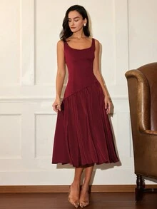 女士纯色无袖连衣裙，时尚优雅休闲拼接连衣裙，复古风格拼接毕业礼服，酒红色圣诞无袖拼接连衣裙