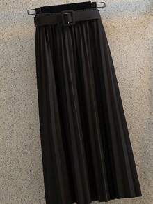 Women Pleated Belted Midi Skirt – Elegant High Waist A Line Design-Yellow/Black Pleats Long Skirt