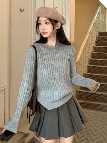 女士优雅纹理圆领毛衣，长袖刺绣套头衫