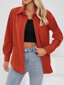 Nouvelle combinaison veste et chemise décontracté en velours côtelé unicolore pour femmes - Marron - Voir 3