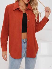 Nouvelle combinaison veste et chemise décontracté en velours côtelé unicolore pour femmes - Marron - Voir 6