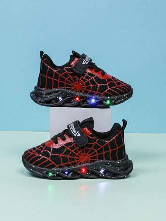 Spider Pattern LED Illuminated Breathable Mesh Sports Shoes, Suitable For Boys And Girls - Casual, Shock-Absorbing, All-Season Anti-Slip Outdoor Running And Walking Shoes