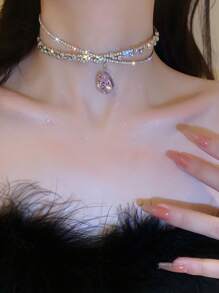 1pc Hollow Out Water-Drop Shaped Gemstone & Crystal Inlaid Faux Pearl Choker Necklace For Women - Silver - View 9
