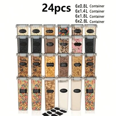 24 st Bisfenol-A-fria lufttäta matförvaringsbehållare med etiketter och tuschpennor - Håller pasta, mjöl, socker och spannmål fräschare längre