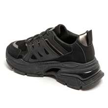 Flat Sneakers With Laces And Openwork Design - Black - View 3